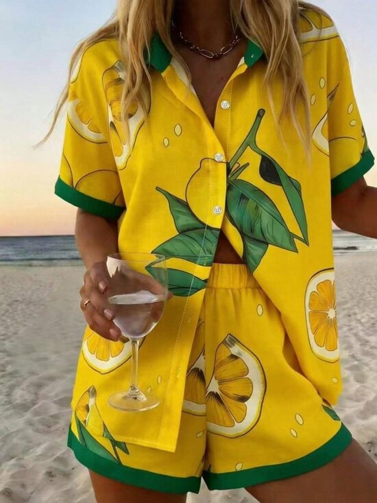 Tops - Yellow Casual Women's lemon Print Short Sleeve Shirt And Shorts Suit